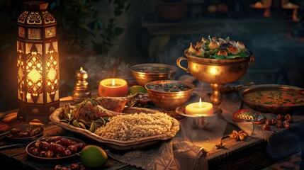 Naklejka premium A Ramadan Karim poster featuring a table with traditional Ramadan foods, including dates and soups, softly lit by a glowing candle and lantern.