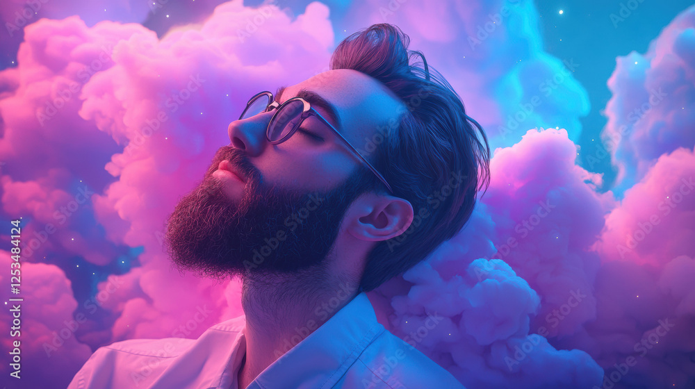 Poster man with beard and glasses is surrounded by colorful clouds, creating dreamy atmosphere. vibrant col