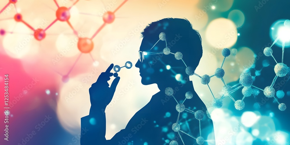 Poster scientist silhouette examining molecular structure with bokeh background