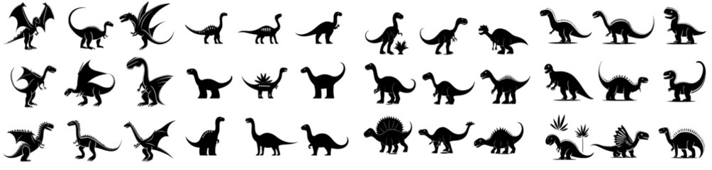 A set of silhouettes featuring dinosaurs, depicted in modern illustration style with black dinosaur silhouette icons isolated on a white background, showcasing a side view