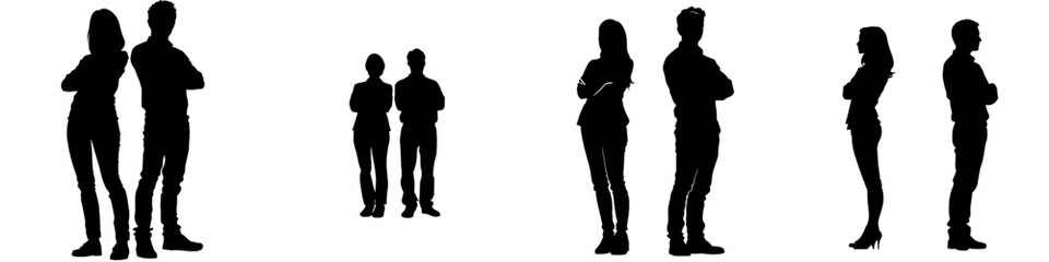 A pair of modern silhouettes, resembling business individuals, stand in profile with their heads tilted upwards, ensconced on a black and white backdrop