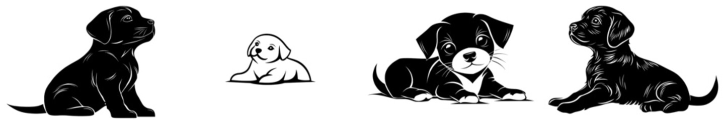 A collection of isolated black silhouettes featuring modern dog designs. This set includes various dog breeds such as corgis and golden retrievers in different poses like sitting, standing, and