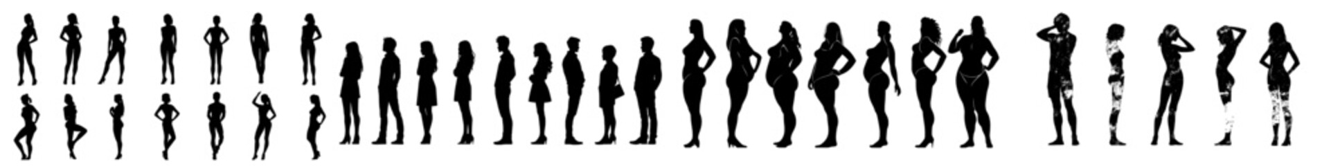 Teenagers using black stencils. Silhouettes of individuals, male and female outlines, person models in shadow, customized drawings on a white background