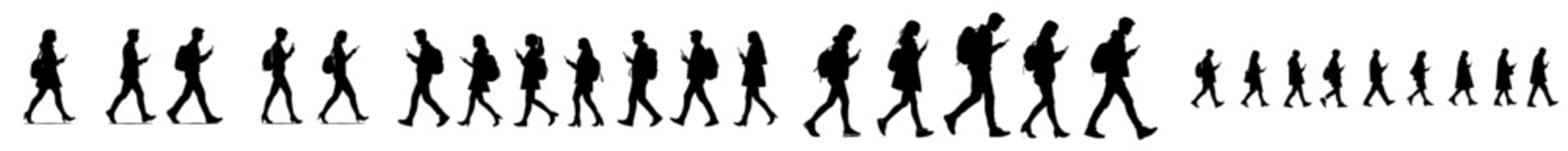 Isolated on a white background, modern illustrations depict side views of black silhouettes of women walking while using phones