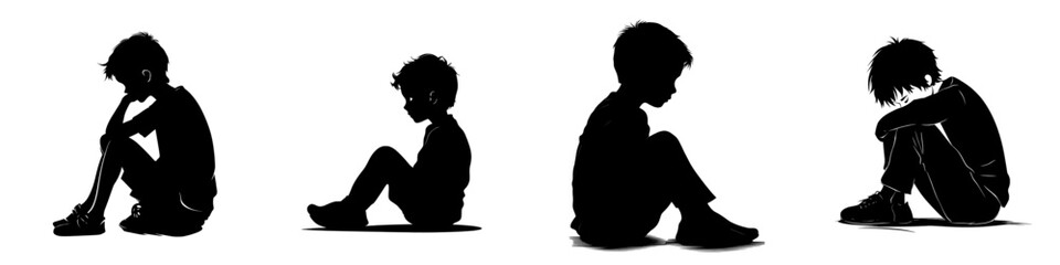 Sad silhouette of a black child isolated on a white background, presented as a modern illustration design