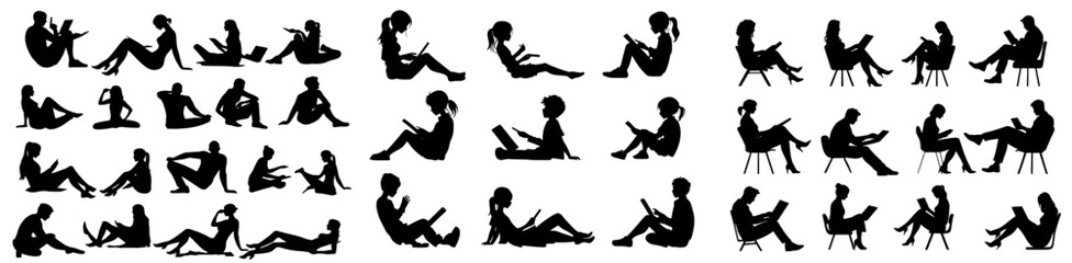 Young men and women seated outdoors, capturing a variety of stances and angles, including front, back, and profile views