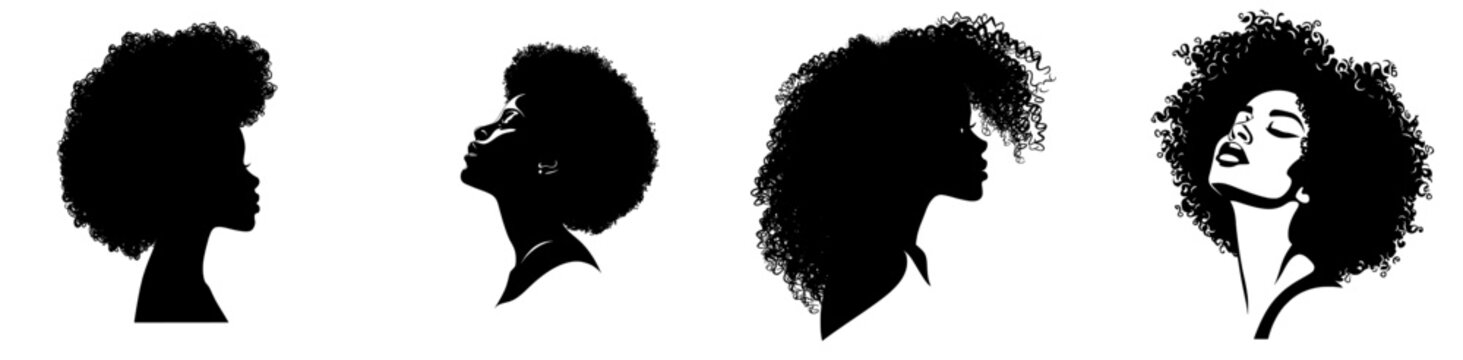 Profile silhouettes of black females against a pure white background