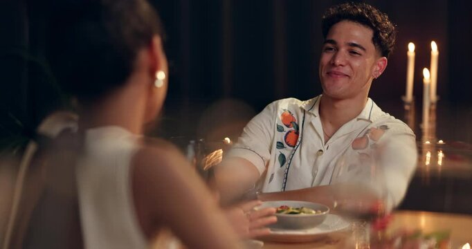 Smile, couple and laughing on date at restaurant for romance, valentines day celebration and fine dining. Happy, people and communication for anniversary, commitment and love for hospitality service