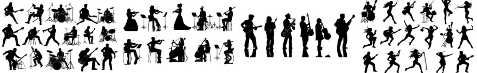 A collection of musician silhouette illustrations featuring full-body poses as they play music