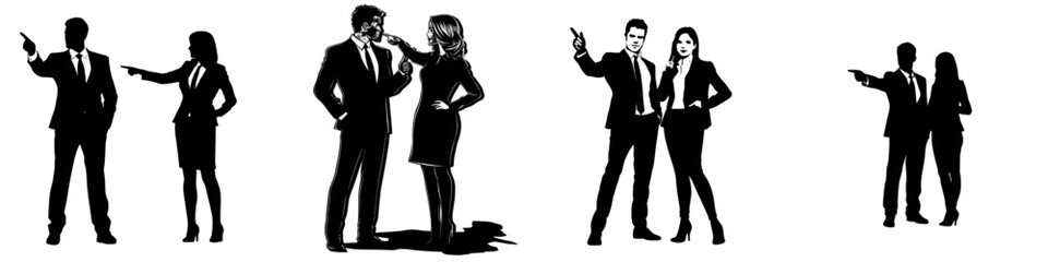 A pair of modern silhouettes featuring a man and a woman, standing as business professionals, with their back view depicted in profile and rendered in black against a white backdrop