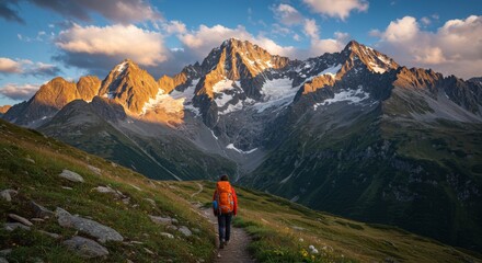 Fototapeta premium Hiking Scenic Mountain Trail with Backpack at Sunset for Adventure Travel
