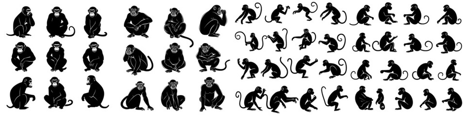 Collection of 12 black monkey silhouettes showcasing various poses