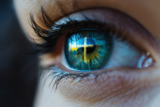 The reflection of a Christian cross in a person's eye close-up