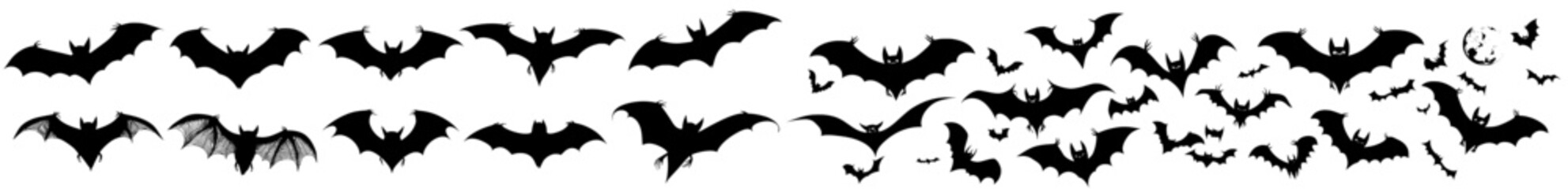 Isolated Halloween black bat silhouettes with a modern cartoon feel, suitable for flying vampire bat decorations. Great for spooky and scary Halloween and trick or treat parties