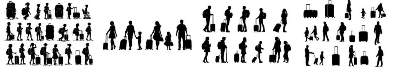 Black silhouettes of travelers. People carrying backpacks. A man, woman, and child with a suitcase. They are standing, walking, and waiting. It depicts families and individuals on their journey. The