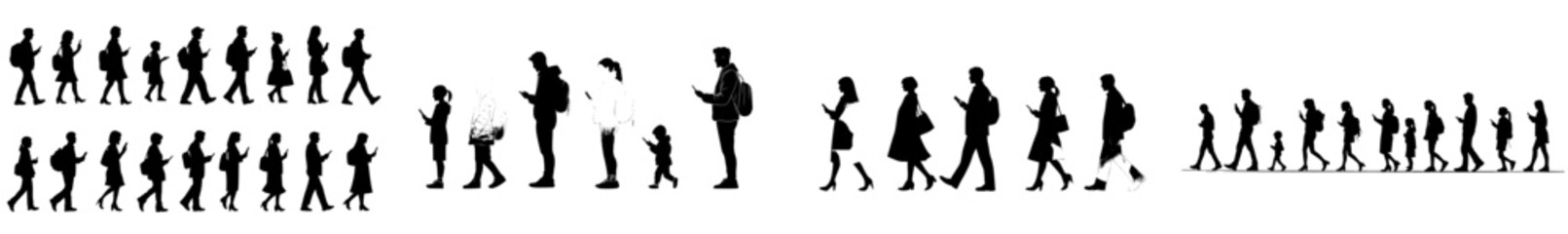 A collection of flat modern illustrations featuring black silhouettes of a man and woman at various stages of life, from infancy to old age, isolated on a white background