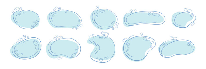 Set of blue organic irregular shapes with line and medical pills for health. Modern liquid irregular spot shape. Vector graphic sticker or label for medicine and taking different pills.