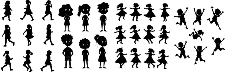 Kids in black silhouette form, with a boy and girl walking and running
