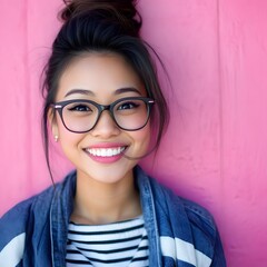 Fototapeta premium Portrait of Smiling Young Woman with Glasses Pink Background