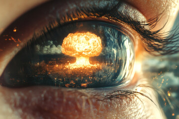An atomic mushroom cloud reflected in an eye close-up
