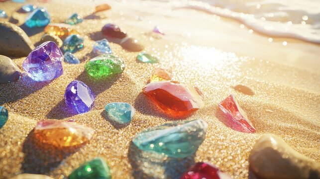 Colorful gems scattered on a sunlit sandy beach, symbolize hidden treasures and discovery. Ideal for travel, nature, and adventure themes with a touch of mystery.