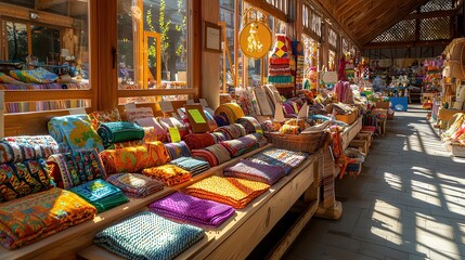 Fototapeta premium handcrafted goods display. Vibrant market showcasing colorful textiles and handmade crafts.