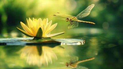Dragonfly and Yellow Water Lily: A Serene Pond Reflection