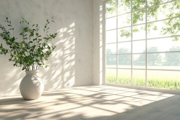 Sunny room with vase, shadows & window view