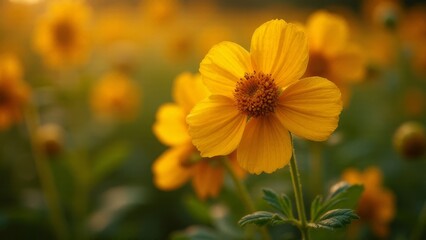 Obraz premium Sun-Kissed Meadow: Close-up of radiant yellow flowers in a golden bokeh field