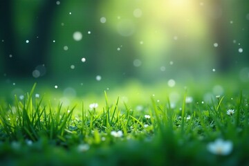 Delicate snowflakes gently fall on a verdant landscape, nature, peaceful background