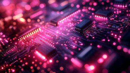 Obraz premium Intricate details of a circuit board illuminated by vibrant pink and purple lights at night