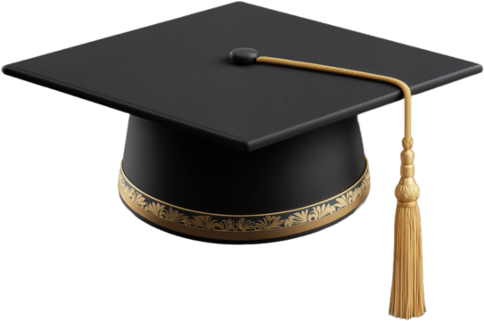 Elegant 3D Black Graduation Cap with Gold Accents and Tassel on White Background
