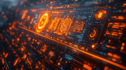 Obraz premium Futuristic digital interface filled with glowing orange data elements and intricate patterns