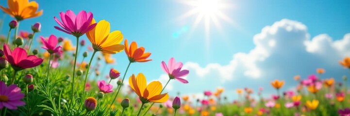Fleurs de cosmos dans un jardin avec soleil et ciel bleu, fleur, fleur jaune, fleur verte