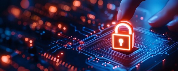 A hand interacts with a glowing digital padlock symbol on a circuit board, representing cybersecurity and data protection.