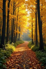 Forest path winding through a forest of trees in autumn glory, foliage, nature, yellow leaves