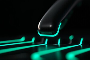 A close-up image of a sleek gaming keyboard illuminated with vibrant teal lights, emphasizing its modern design and technology.