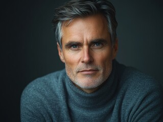 Obraz premium Mature man with gray hair and a turtleneck sweater poses confidently against a dark background