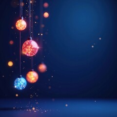 Glittery lights suspended in mid-air against a dark blue background, glowing orbs, modern decor