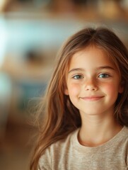 Obraz premium A smiling girl with long hair poses happily, showcasing her youthful charm in a softly blurred background.