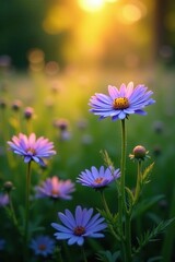 Golden light on blue aster flowers in a lush green field, aster, golden light, nature