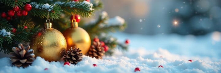 Golden ornaments with pinecones and red accents in a snowy winter scene, Christmas, holiday