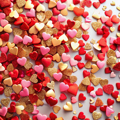 Tiny red, pink, and gold heart confetti scattered, symbolizing celebration, love, and joy with a festive, playful atmosphere.

