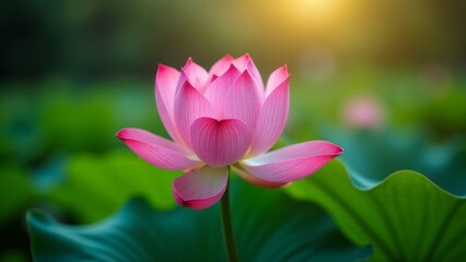 Pink Lotus Flower Bloom in Serene Green Pond, Symbol of Purity and Enlightenment