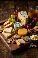 Elegant cheese board featuring a variety of cheese, crackers, grapes, and nuts presented on wood.