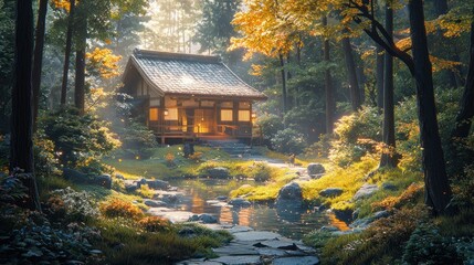 Tranquil Japanese house in autumn forest; sunlit stream, zen garden