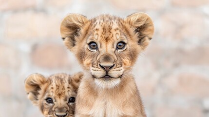 Close-up of adorable lion cubs in a zoo setting.  Possible use Children's book illustration, educational material, or stock photo for animal lovers