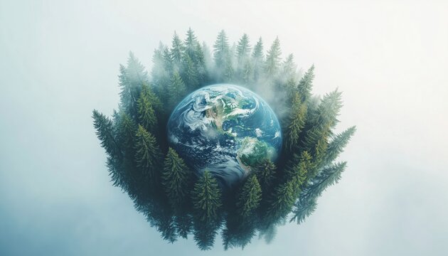 Preserving Our Earth: Double Exposure Aerial Shot Showcasing Coniferous Forest And Planet Earth, A Call To Save Our Planet.