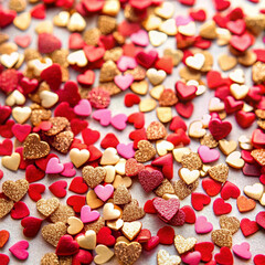 Tiny red, pink, and gold heart confetti scattered, symbolizing celebration, love, and joy with a festive, playful atmosphere.

