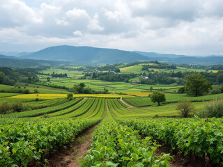 A serene landscape showcases agricultural fields bathed in golden sunlight. Rolling hills meet the horizon beneath a sky streaked with soft clouds.